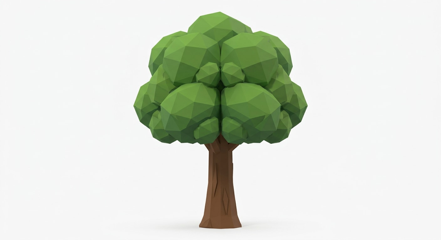 Image: A single low-poly stylized cartoon tree, one solid