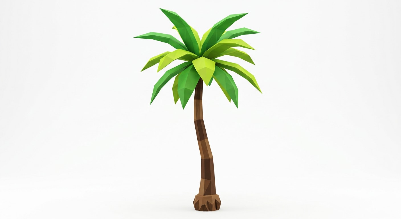 Image: A single low-poly stylized palm tree, one slightly
