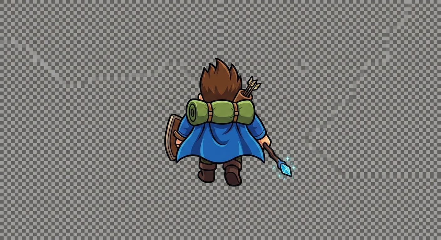 Image: Exact same top-down 2D cartoon hero (blue tunic, b