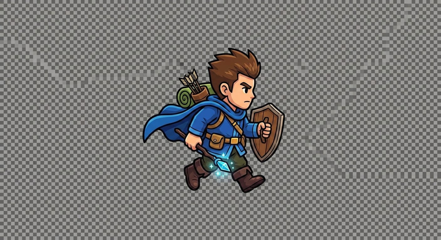 Image: Exact same top-down 2D cartoon hero (blue tunic, b