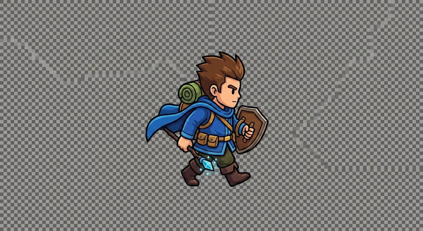 Image: Exact same top-down 2D cartoon hero (blue tunic, b