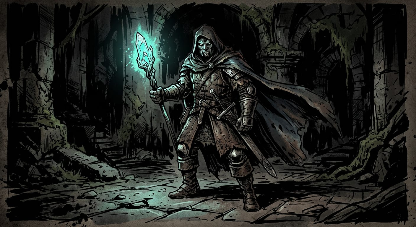 Image: A lone caped warrior holding a glowing crystal sta