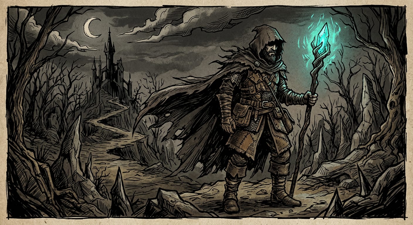 Image: A lone caped warrior holding a glowing crystal sta