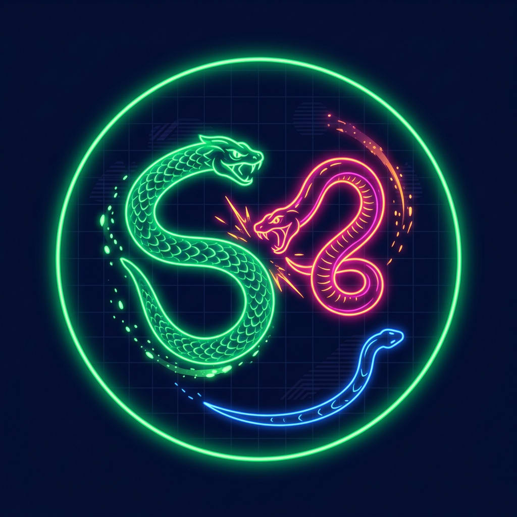 Image: neon arcade snake battle, top-down game asset, hig