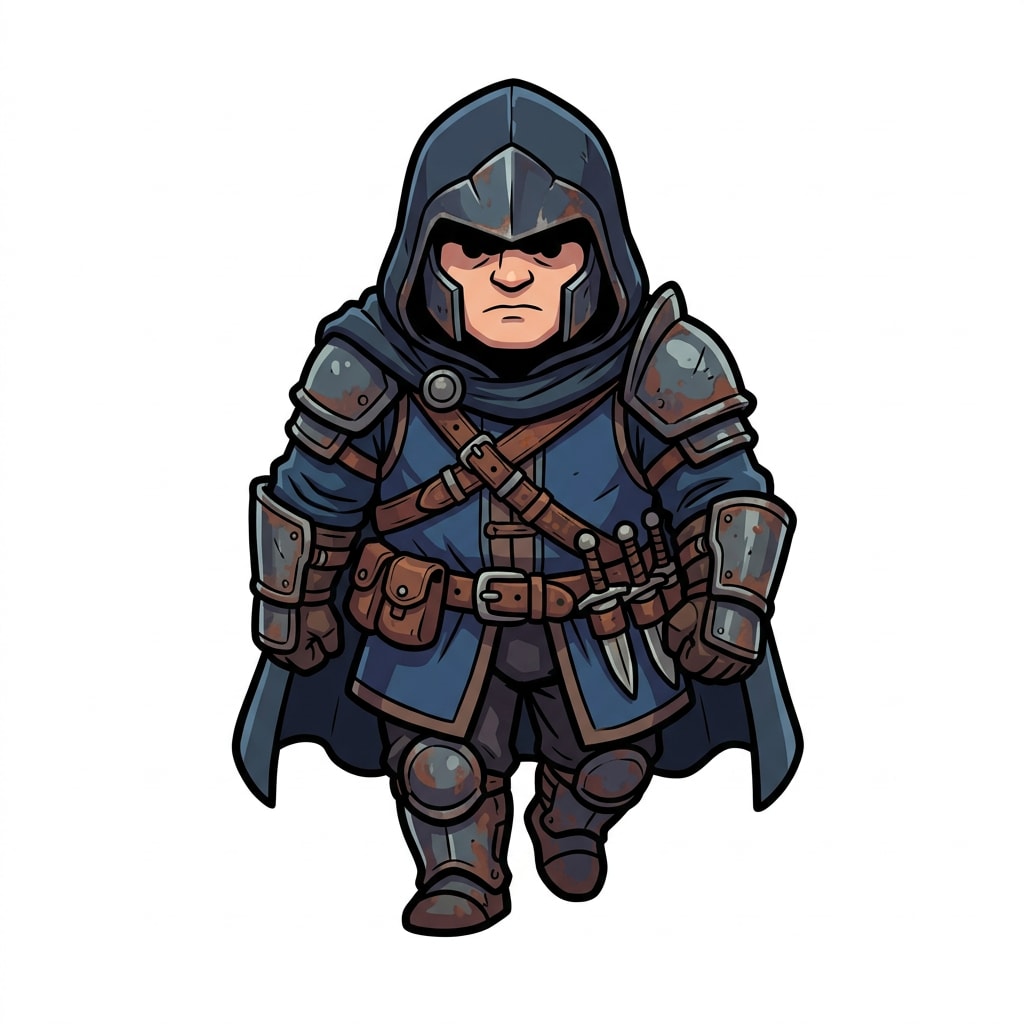 Image: A stout armored knight-rogue: heavyset chibi human