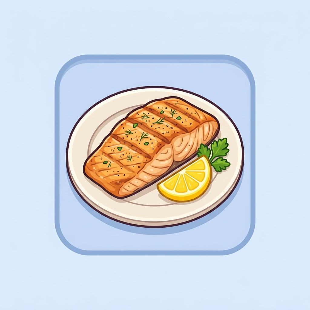 Image: A cute flat game inventory icon of a grilled fish
