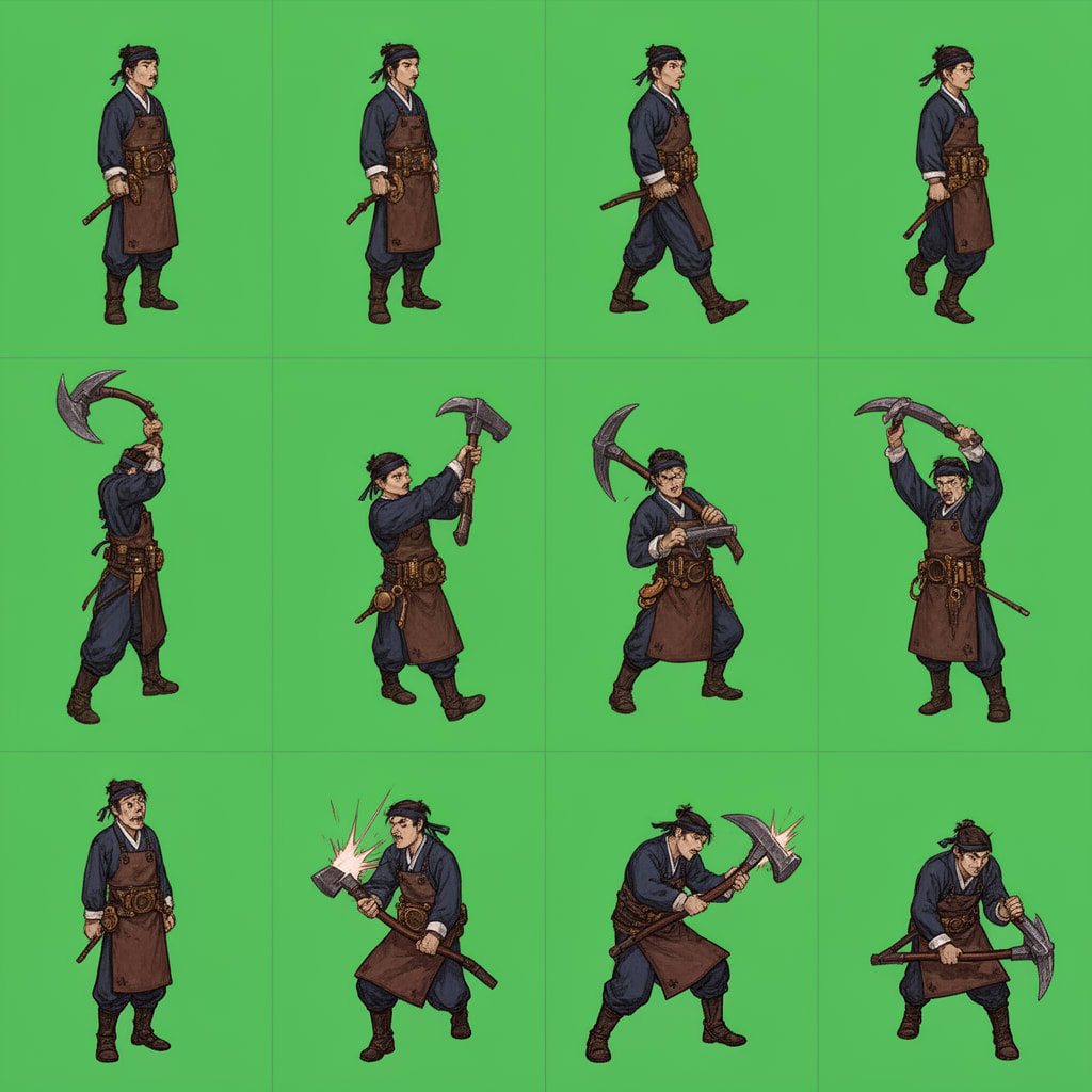 Image: A clean production sprite sheet image. ONLY charac