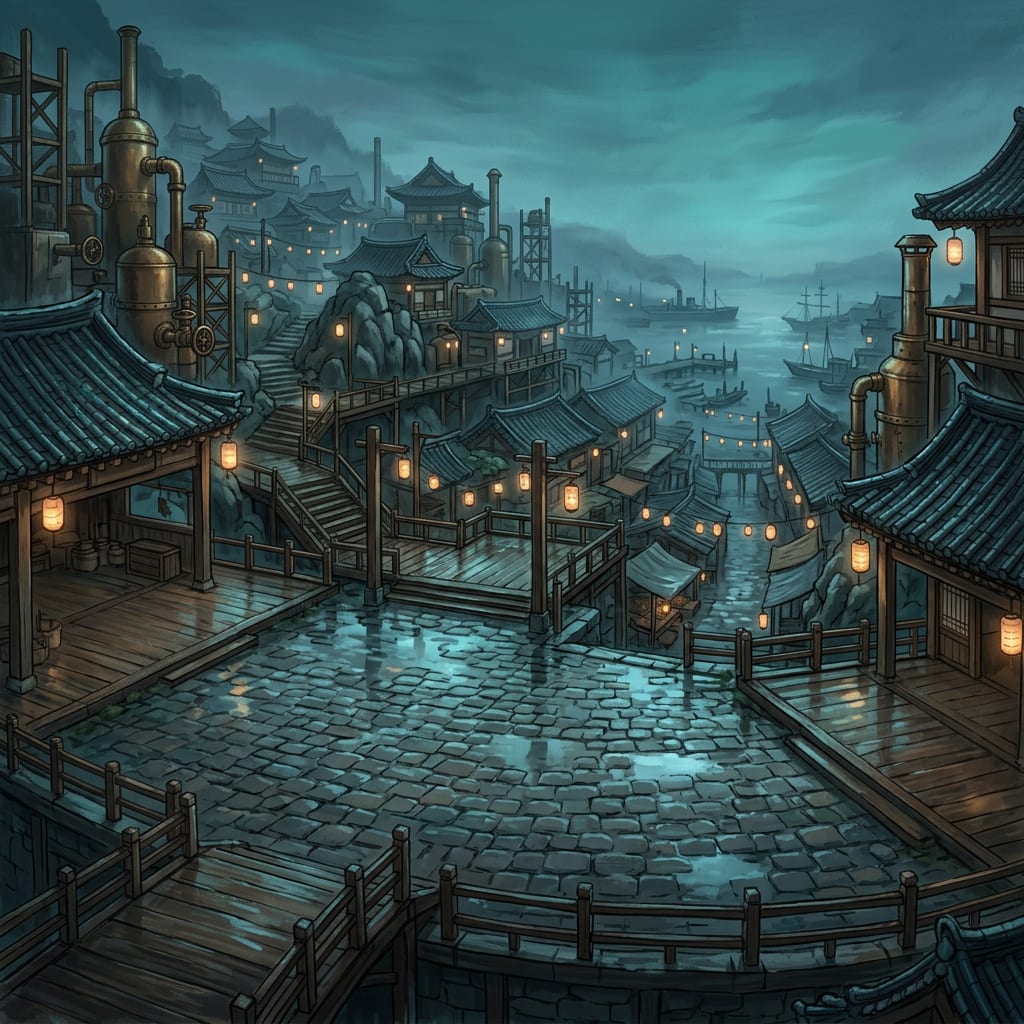 Image: AAA-quality 2D hand-painted game environment backg