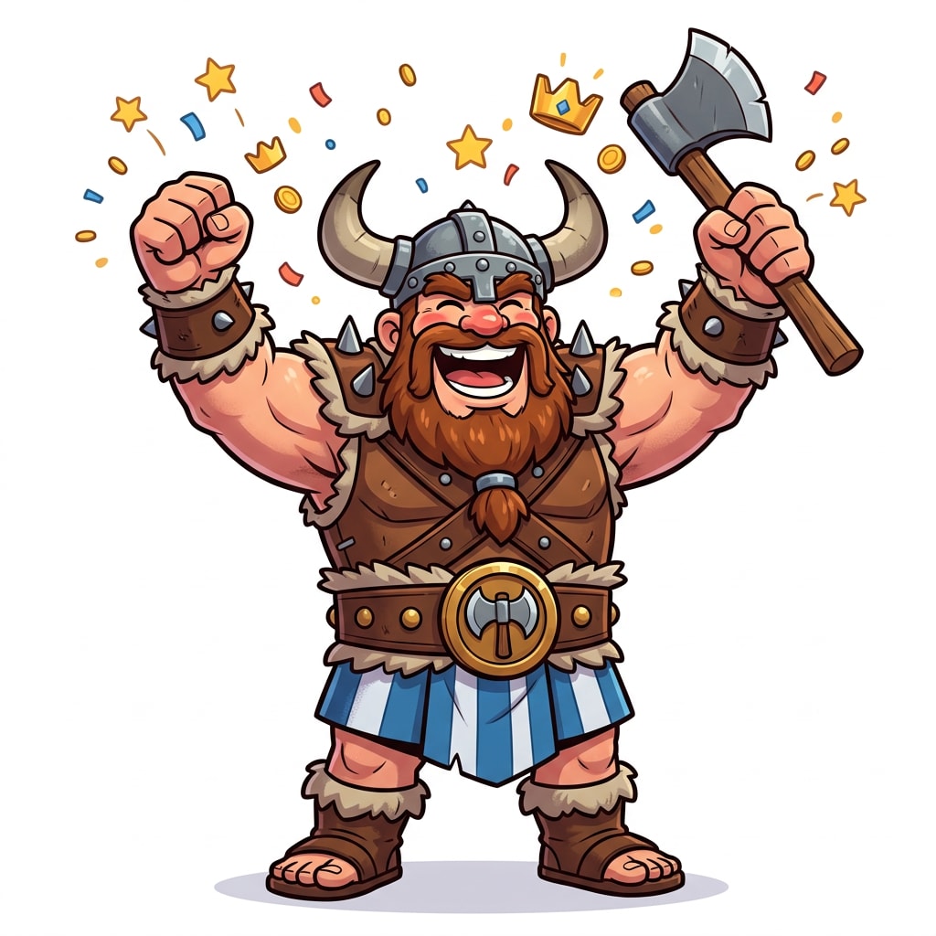 Image: A cheerful cartoon barbarian warrior celebrating a