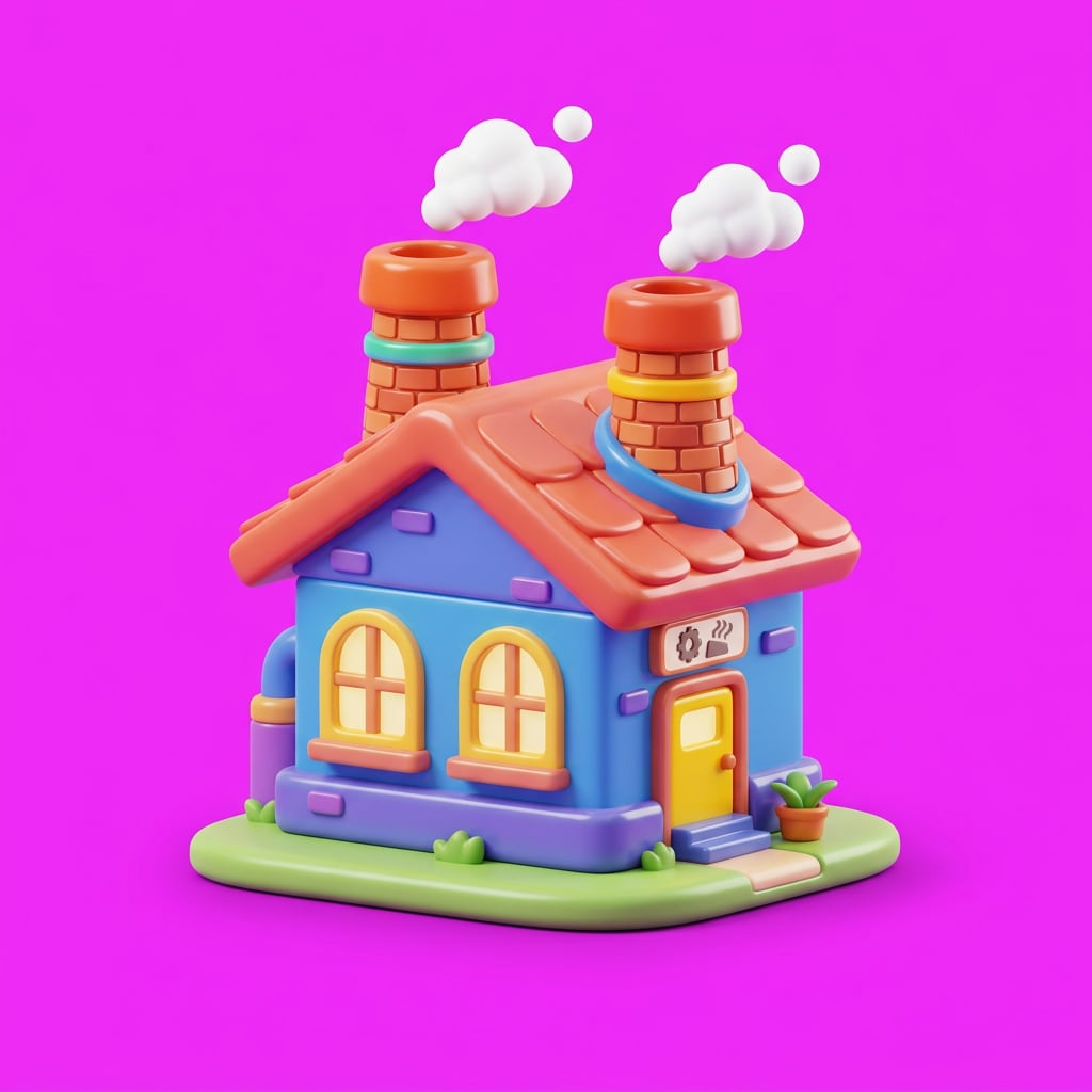 Image: glossy cute 3D cartoon game icon, a small factory