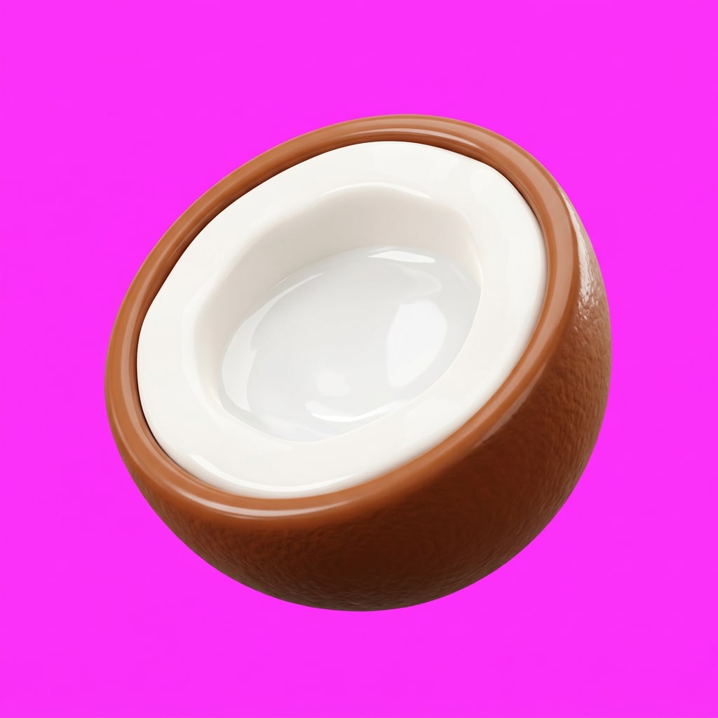 Image: glossy cute 3D cartoon game icon, a half coconut,