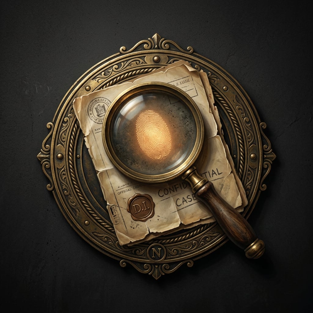 Image: A noir detective emblem badge, a single centered i