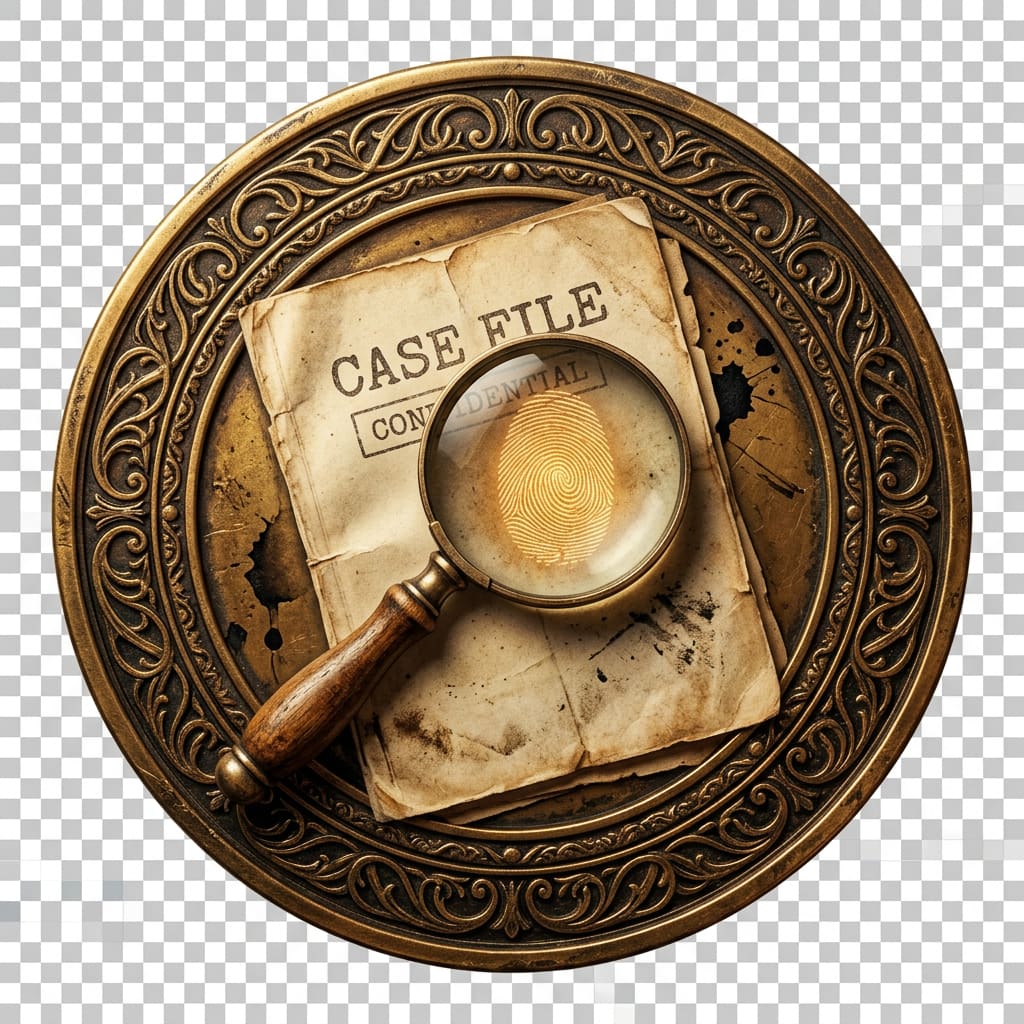 Image: A noir detective emblem badge, isolated cutout on