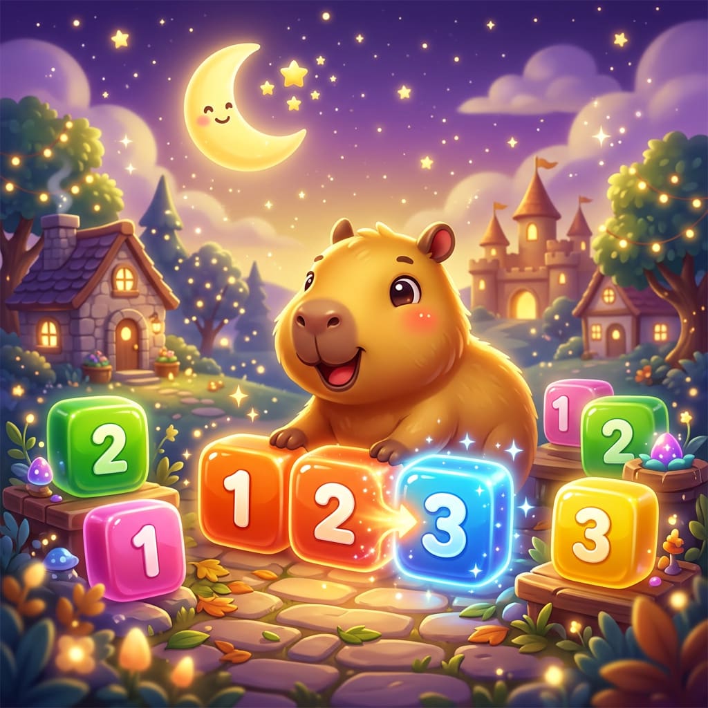Image: Glossy 3D mobile game key art, warm candy night st