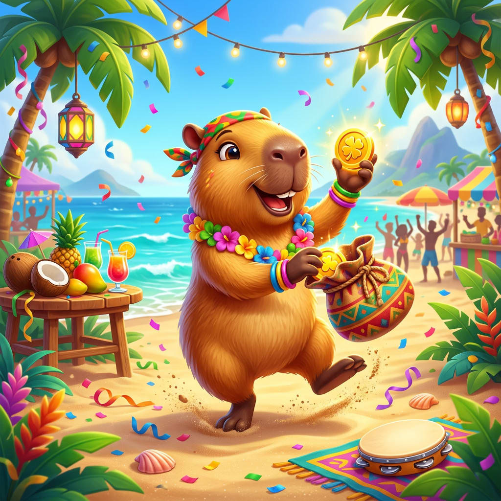 Image: Glossy 3D mobile game key art, festive Brazilian b