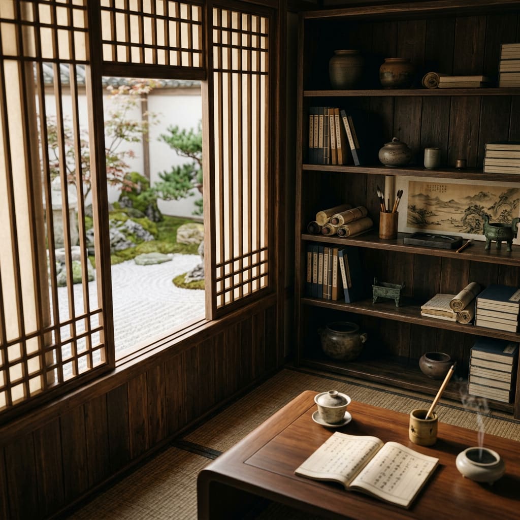 Image: A small, intimate traditional Chinese scholar's st