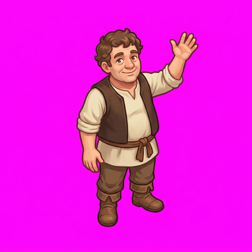 Image: 2D top-down video game sprite of a friendly peasan