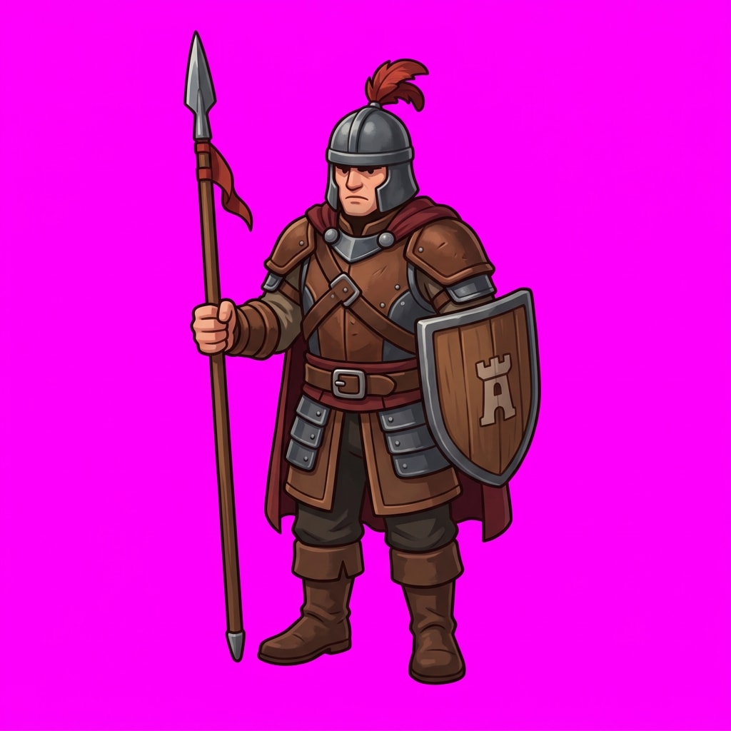 Image: 2D top-down video game sprite of a stern town guar