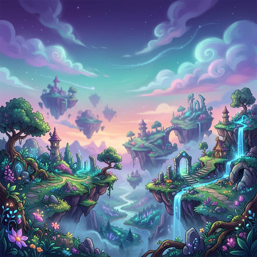 Image: 2D side-scrolling game background, dreamy painterl