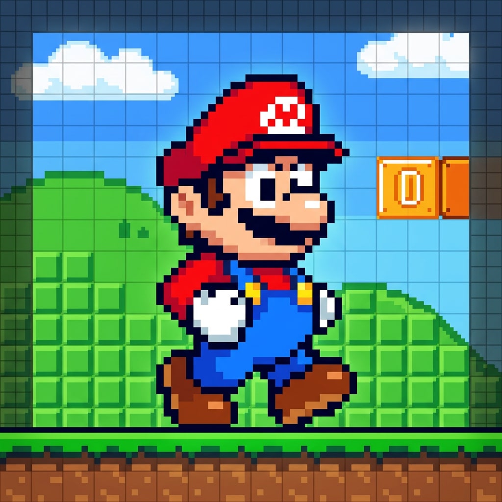 Image: 2D Mario-style hero sprite, side view, cartoon cha