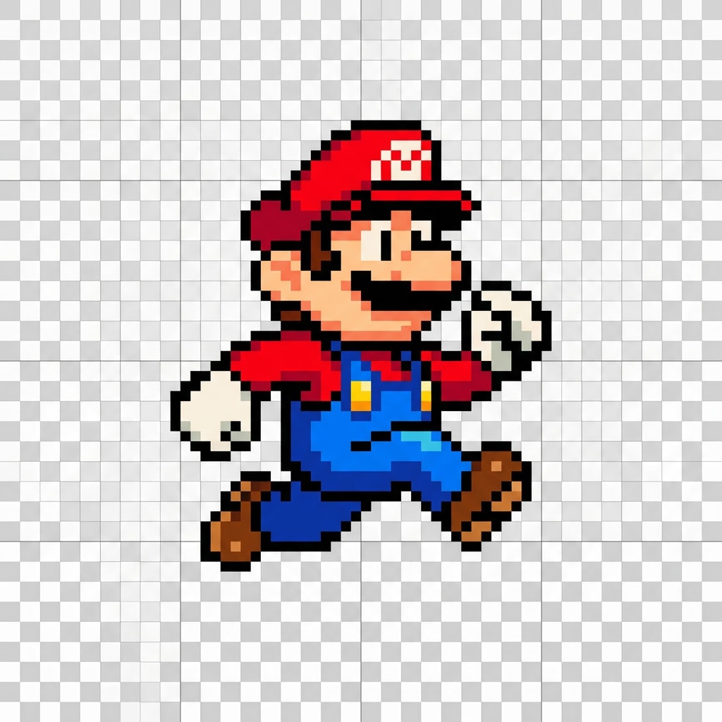 Image: 2D Mario-style hero sprite, side view, cartoon sty