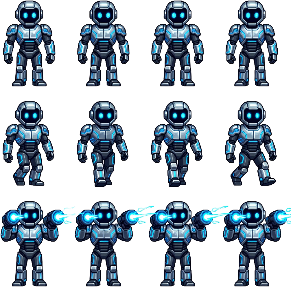 Robot Front Spritesheet (idle/walk/fire)