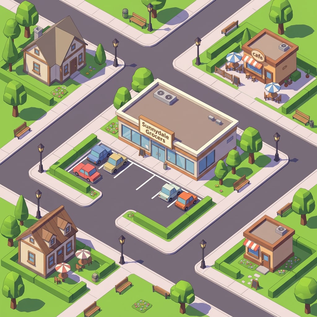 Image: Top-down isometric map illustration of a small tow