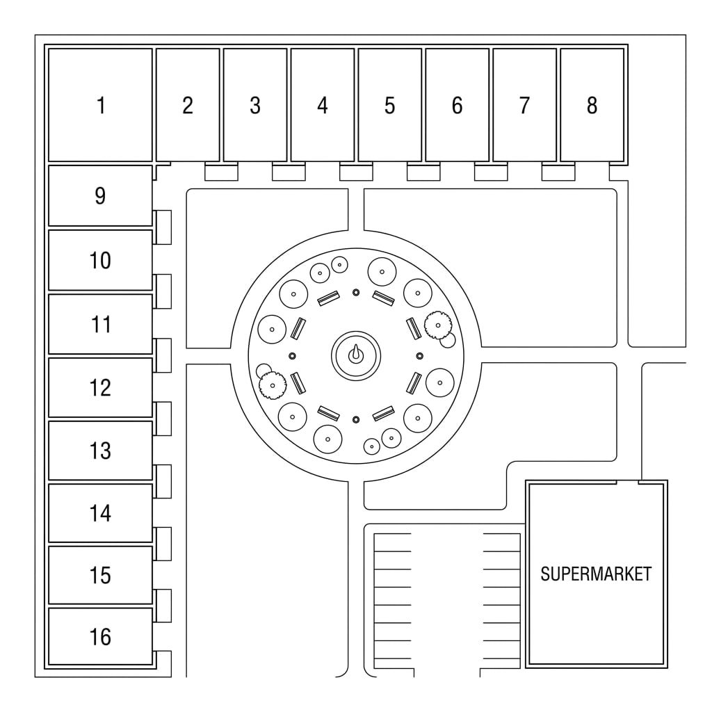 Image: Top-down 2D architectural site plan blueprint, cle