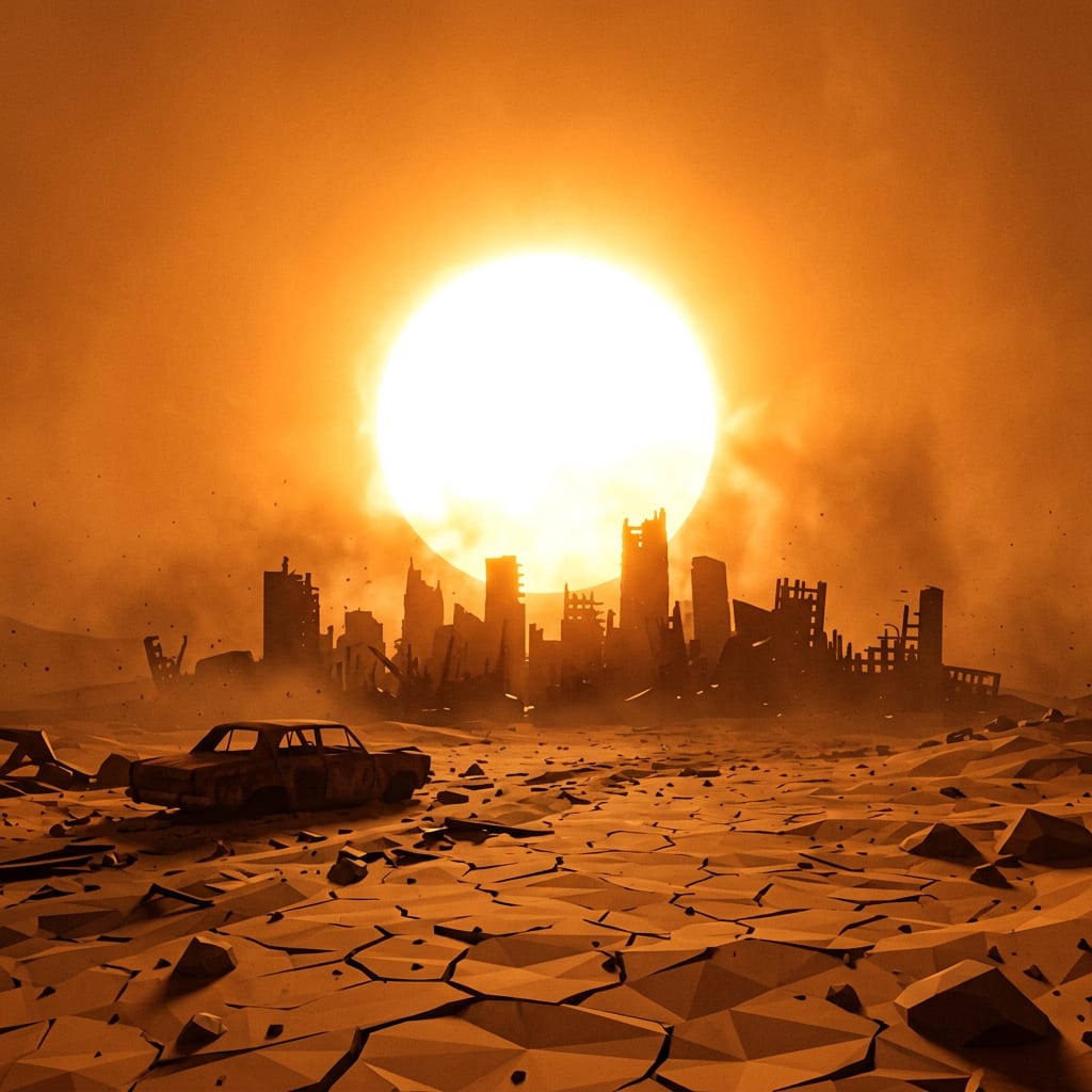 Image: Stylized low-poly 3D game render, apocalyptic heat