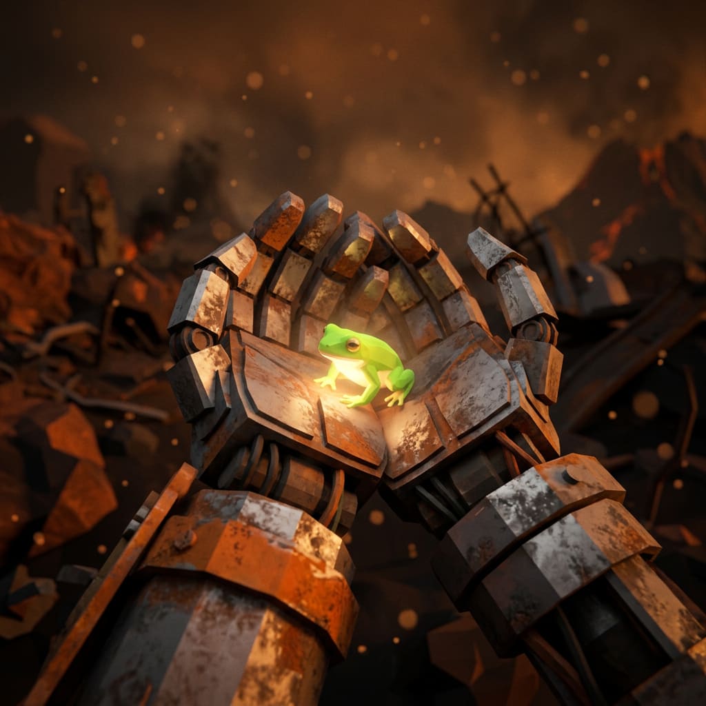Image: Stylized low-poly 3D game render, emotional close-