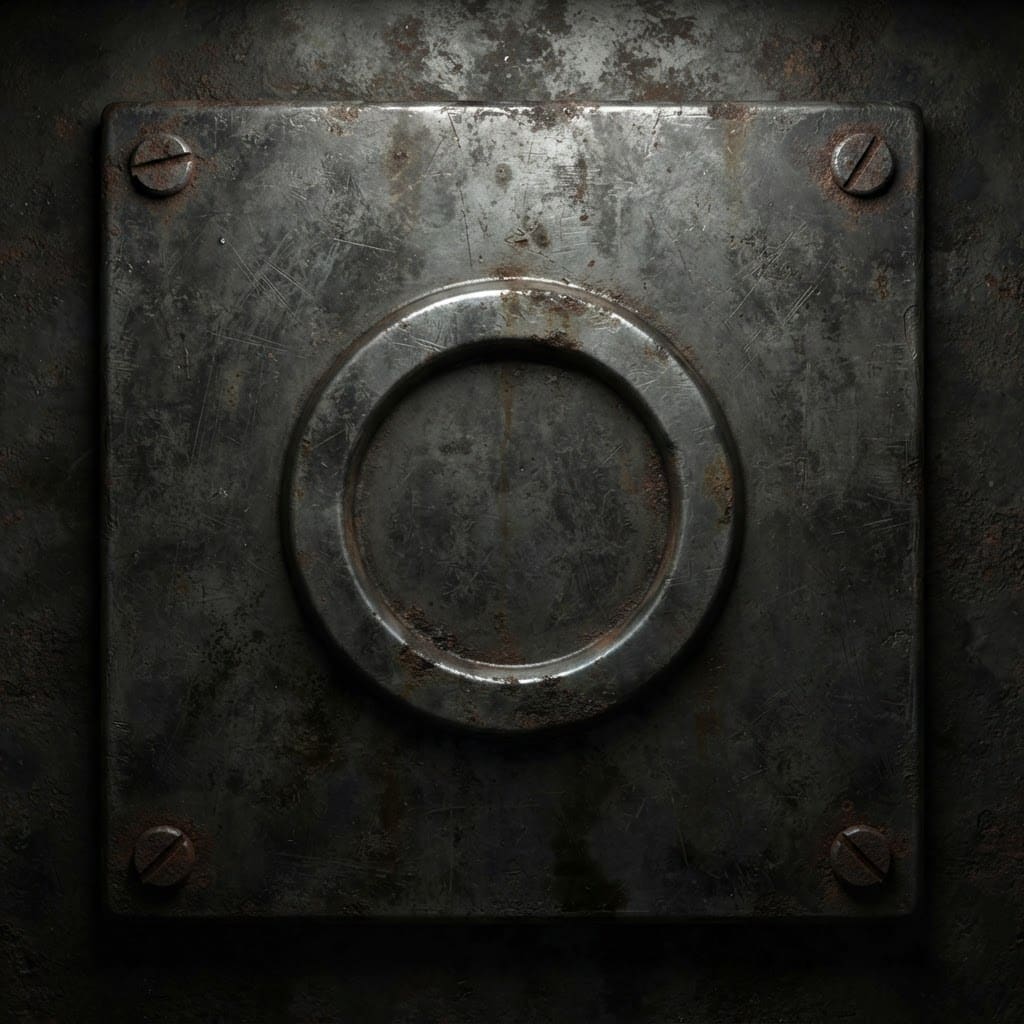 Image: A small worn square industrial metal placard plate