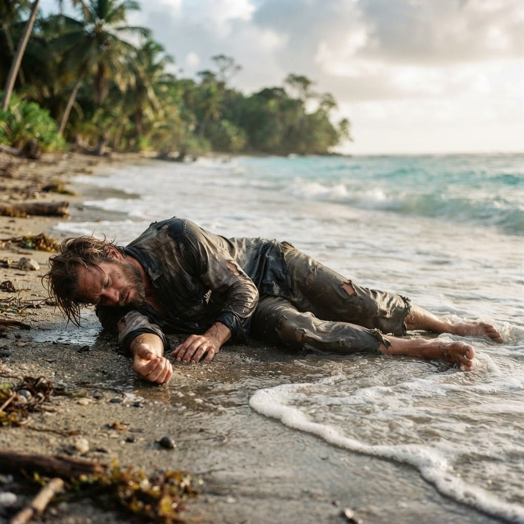 Image: A single castaway person washed up on a sandy isla