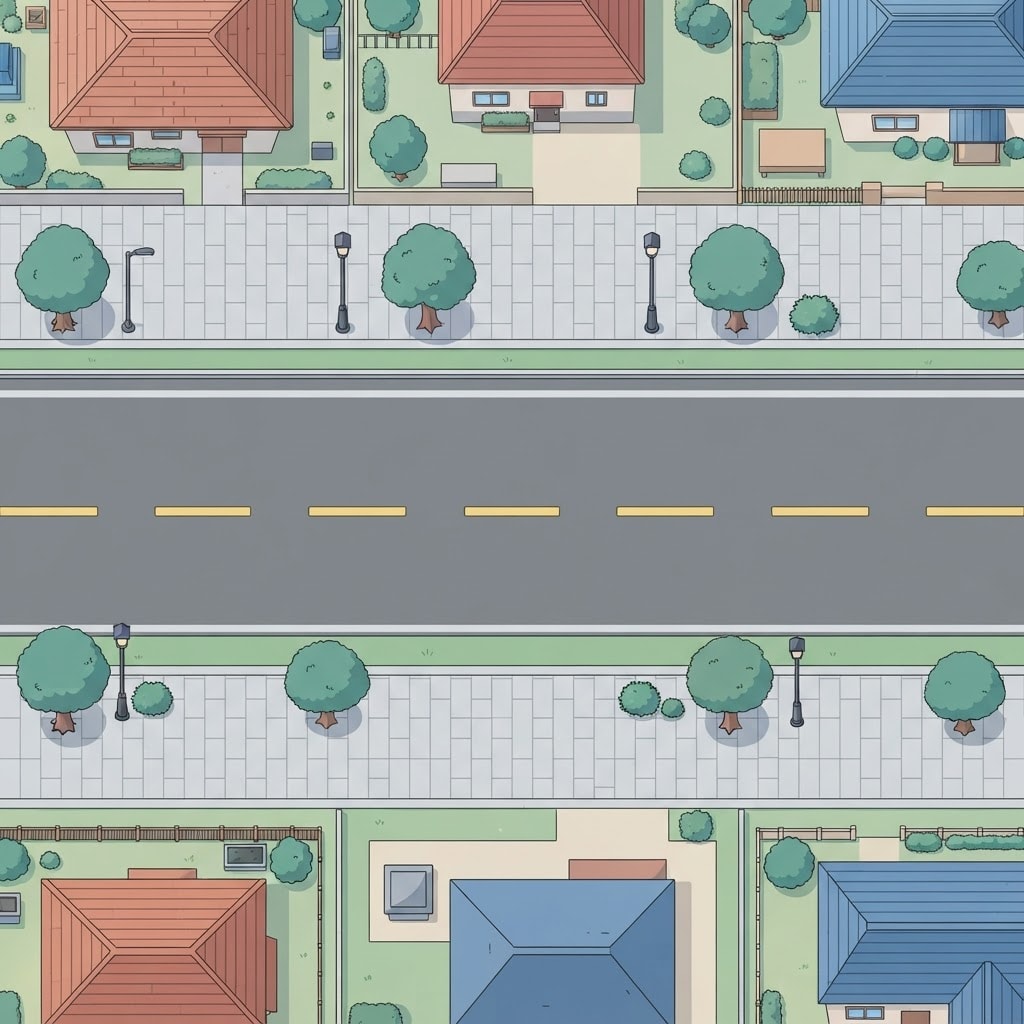 Image: Top-down 2D game background, bird's-eye view of a 