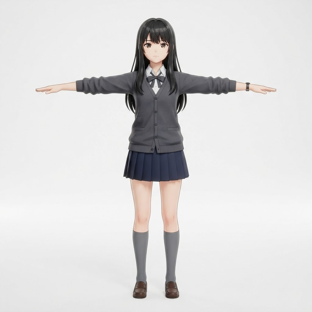 Image: A teenage girl with long straight black hair, casu