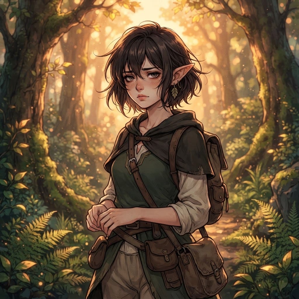 Image: anime-style elven woman portrait, melancholic exha