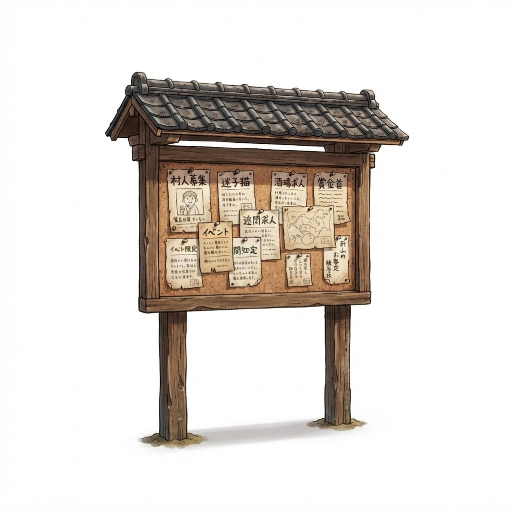Image: Small wooden village notice board with paper notes