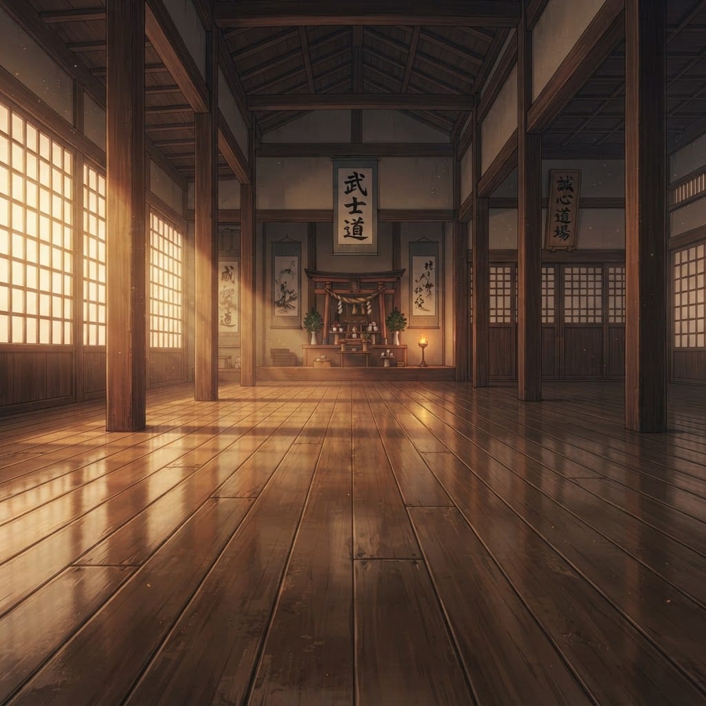 Image: Interior of a traditional Japanese dojo seen from
