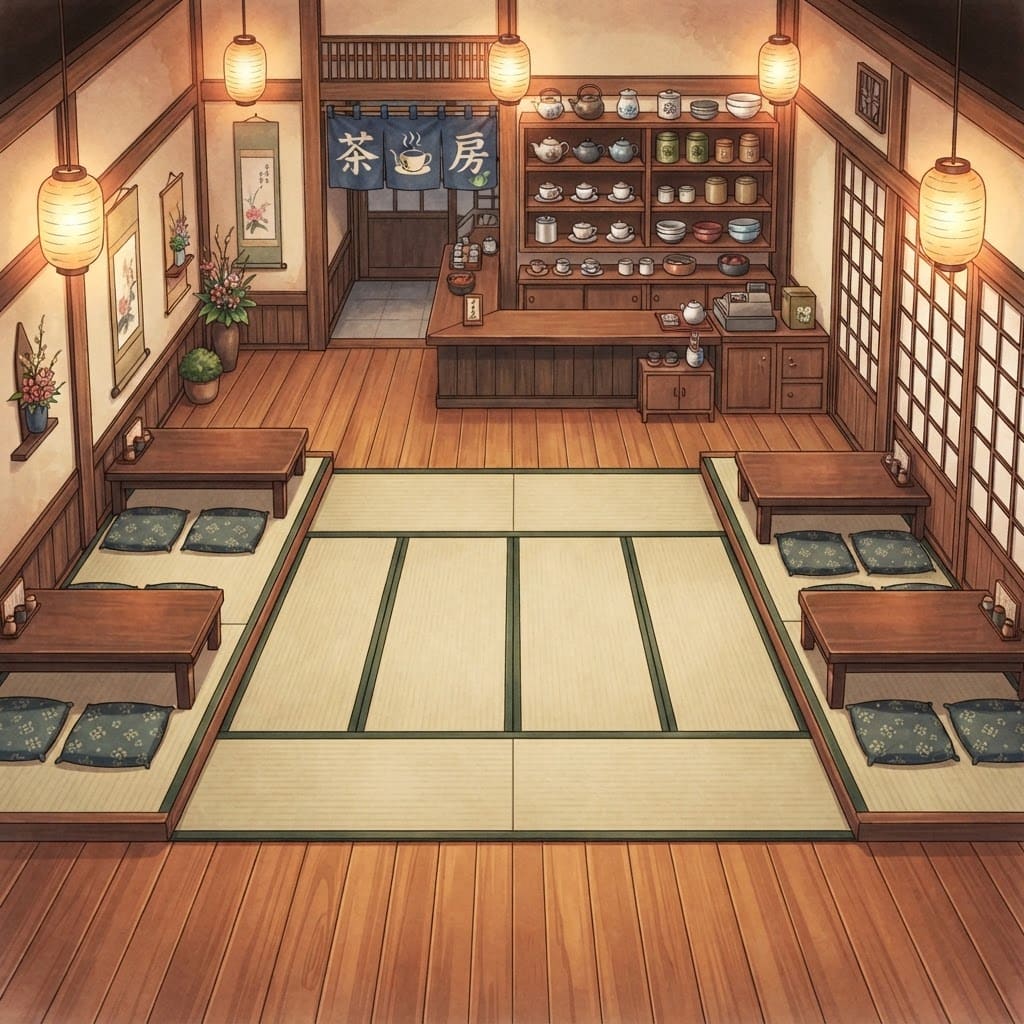 Image: Top-down three-quarter view of a cozy japanese TEA