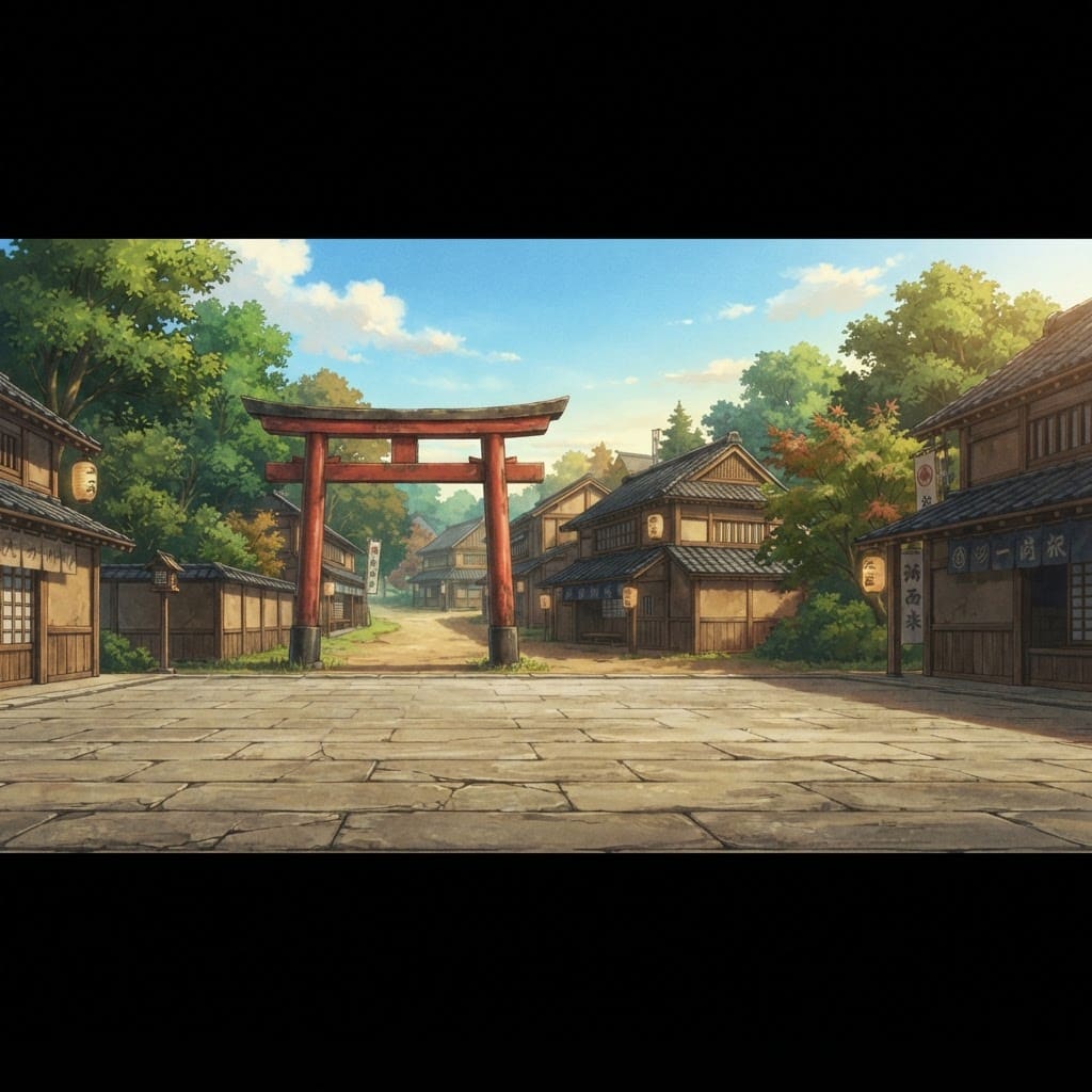 Image: Village plaza of a feudal japanese town seen from 