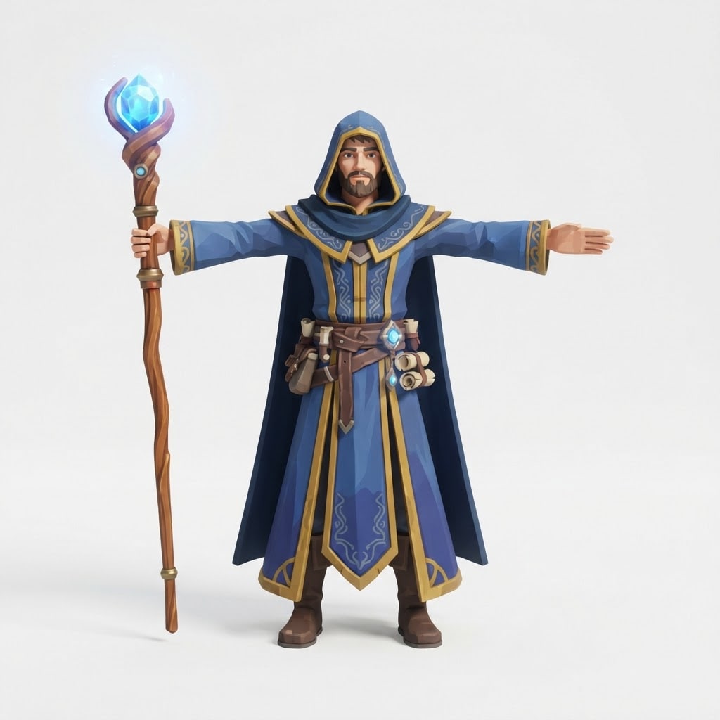 Image: A stylized fantasy wizard character, long flowing