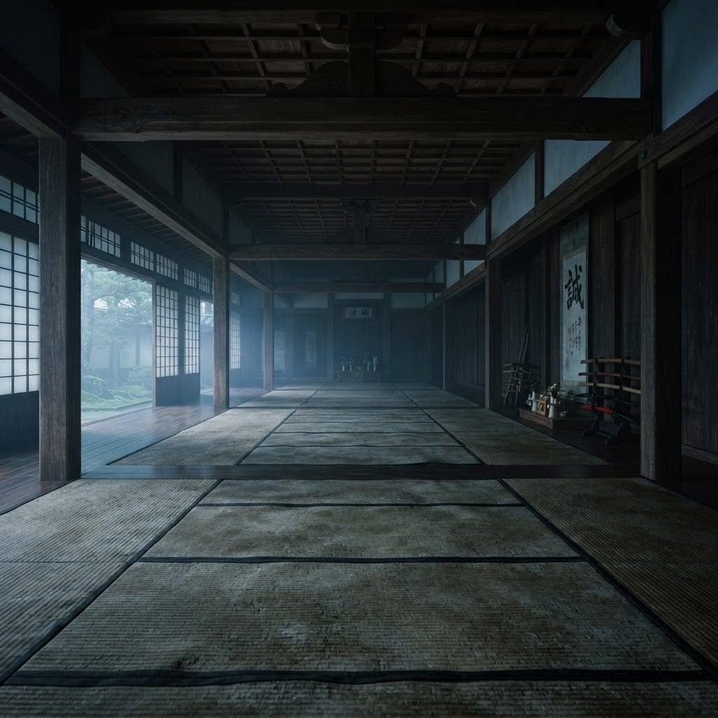 Image: Cinematic, hyper-realistic shot of an empty, dimly