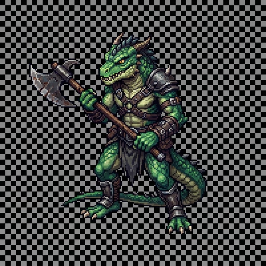 Image: Top-down pixel art enemy sprite, bipedal lizardman