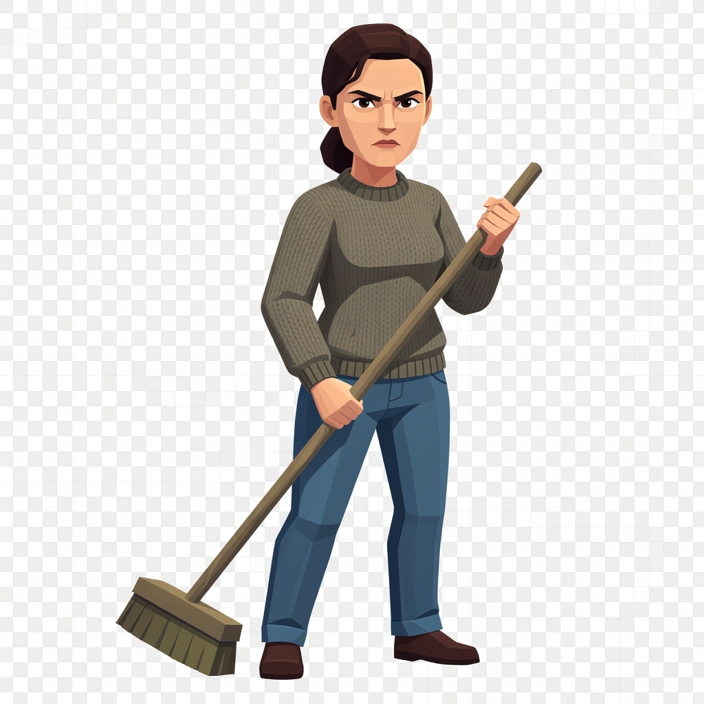 Mom character - adult woman in casual clothes holding a broom, low-poly flat-shaded game art style, side view, full body, game asset, transparent background