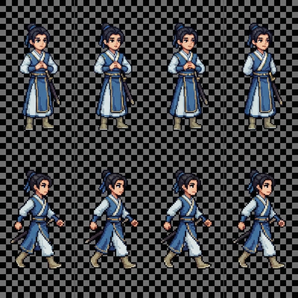 Image: 2D pixel art sprite sheet of a young xiuxian disci