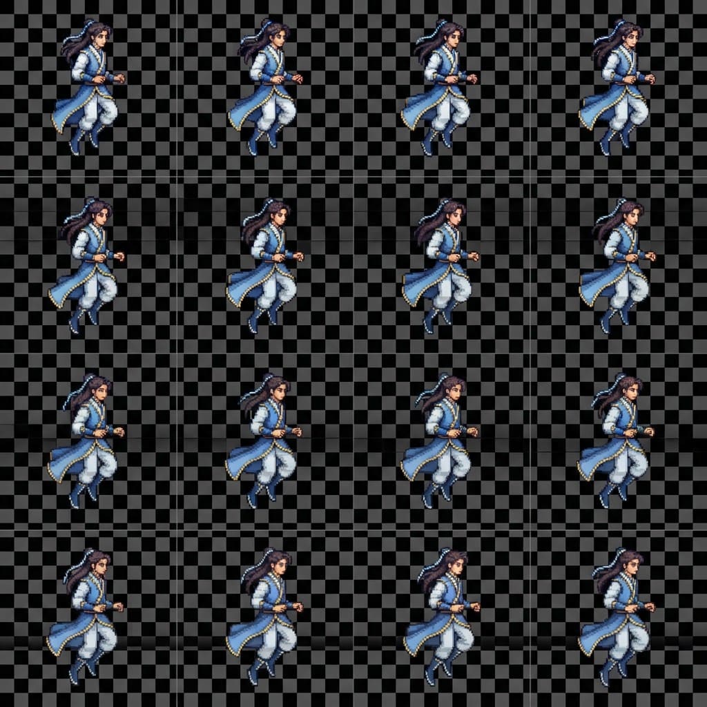 Image: Game-ready 2D pixel art square sprite sheet for a