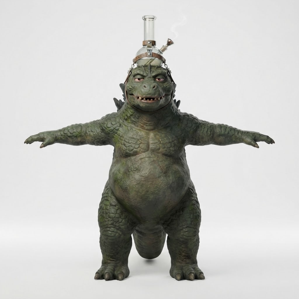 Image: A stocky bipedal kaiju boss character in T-pose, a