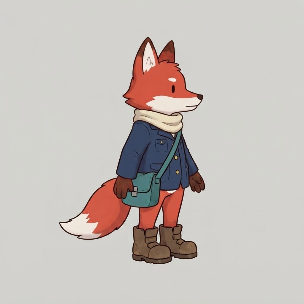 A small red fox courier in a navy pilot jacket, cream scarf, teal satchel, and chunky brown boots, clean hand-painted 2D platformer game art, strict side view f