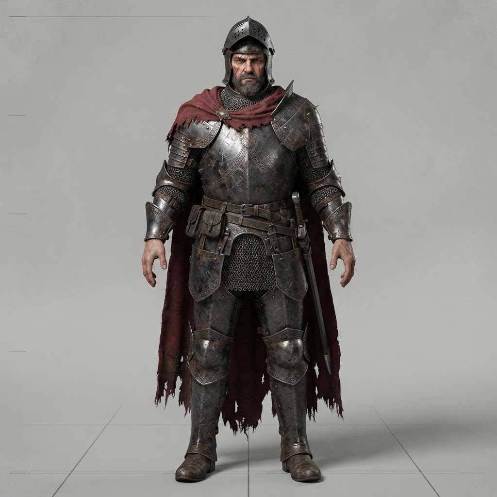 Image: Full-body game character reference sheet: a grim m