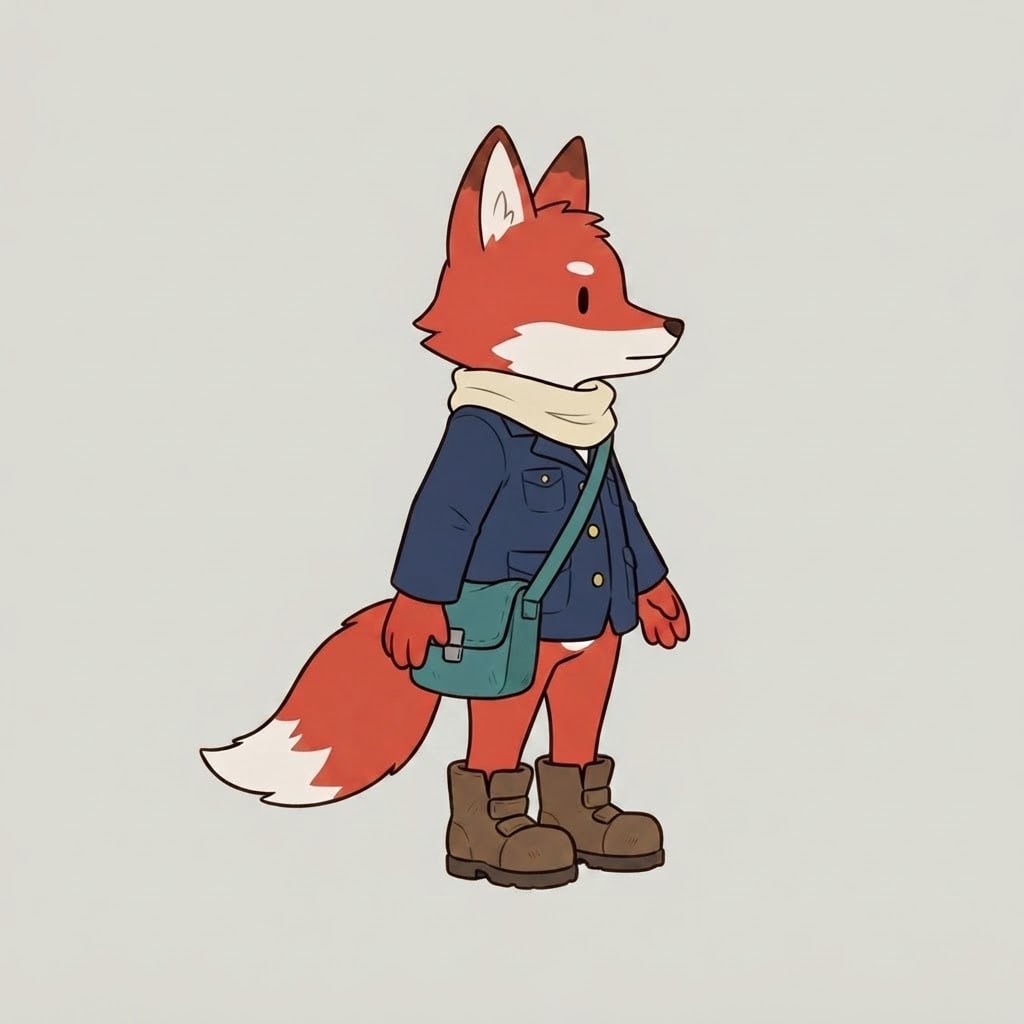 A small red fox courier in a navy pilot jacket, cream scarf, teal satchel, and chunky brown boots, clean hand-painted 2D platformer game art, strict side view f