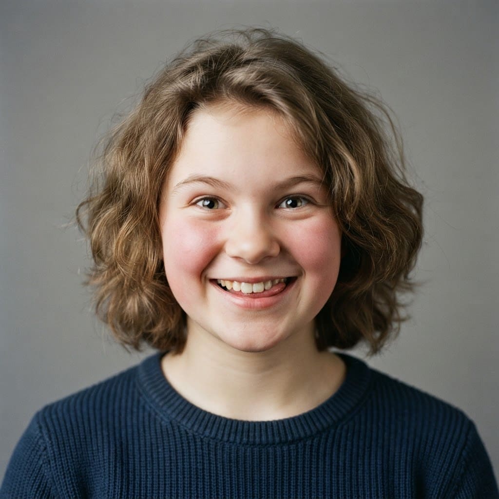 Image: Front-facing portrait of an eager teenage girl's h